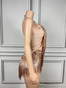 Side view of champagne halter neck bodysuit with sequined fringe details on mannequin