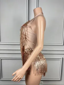 Close-up side view detail of a glamorous rose gold sequined fringe halter bodysuit on a mannequin