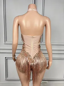 Close-up rear view of rose gold sequined fringe halter mesh bodysuit on mannequin display