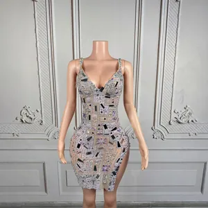 Glamorous rhinestone performance dress with crystal mirrors and high side slit