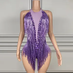 Women Sexy Rhinestone Fringe Bodysuit Halter Backless Mesh Sequin Top And Bottom For Stage Performance Party Clubwear
