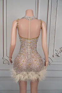 Detailed back view of a luxury rhinestone mini dress featuring champagne feather trim.