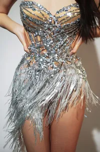 Sparkling silver rhinestone corset top with long fringe tassels for club performance