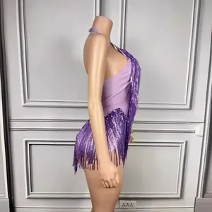 Stunning purple halter backless tassel bodysuit with sequin fringe and mesh detailing