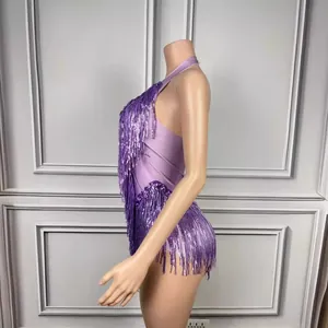 Purple halter backless bodysuit featuring elegant fringe details and slim mesh fit
