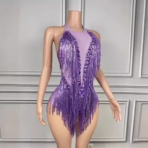 Purple halter neck mesh bodysuit with sequined fringe tassels for stage performance
