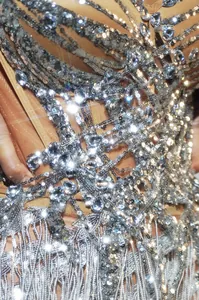 Close-up of silver rhinestone and sequin detailing on nude mesh performance dress.
