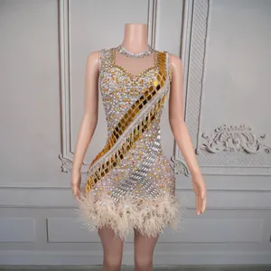 Luxurious Women Rhinestone Mirror Fringe Mini Dress Sleeveless Sparkly Feather Stage Performance Birthday Party Dress