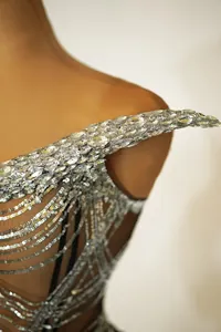 Close-up detail of the sparkling rhinestone horn shoulder on a sequined party dress