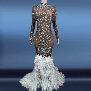 Elegante vestido de noche de malla marrón con pedrería plateada y dobladillo de plumas