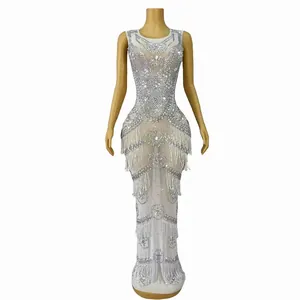 Luxury Women Mermaid Evening Gown Sparkling Rhinestone Sequin Long Dress Tassels Sleeveless V-Neck Wedding Guest Banquet Party Dress