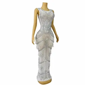 Exquisite white mermaid evening dress with silver rhinestones and elegant fringe layers