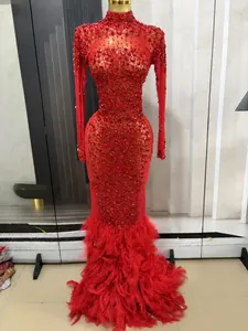 Dettaglio dell'abito da sera rosso in rete con strass e finiture in piume.