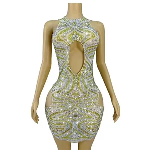 Detailed front view of sexy rhinestone mesh hollow dress for party performance