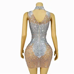 Back view of silver rhinestone halter bodysuit for stage performance events