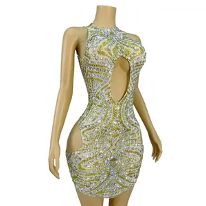 Detailed view of sparkling rhinestone patterns on sexy mesh cutout party dress