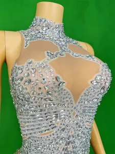 Close-up of intricate sparkling silver rhinestones on a sheer mesh stage performance bodysuit