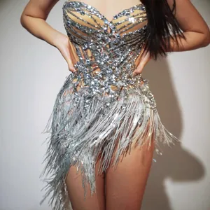 Sparkling silver rhinestone fringe bodysuit set for nightclub stage performance and dance party