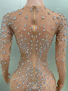 Dettaglio posteriore di un abito da palco in mesh con strass scintillanti e zip.