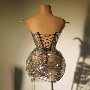 Sexy silver sequin rhinestone strapless mini dress with corset lace-up back for party