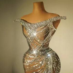 Glamorous silver sequin rhinestone off-shoulder two-piece evening gown for parties