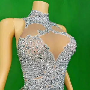 Sparkling silver rhinestone halter bodysuit for stage and nightclub performance outfits
