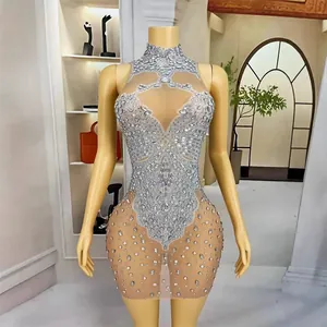 Sparkling rhinestone mesh bodysuit halter backless stage performance nightclub outfit