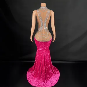 Elegant high neck rhinestone velvet mermaid evening gown with floor-length hem