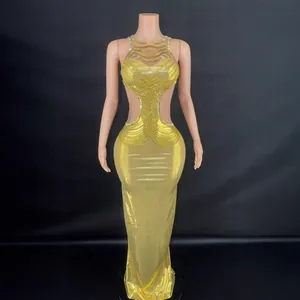 Women Sexy Bodycon Maxi Dress Side Cut Out Rhinestone Chain Long Party Evening Gown Elegant Sleeveless Formal Dress