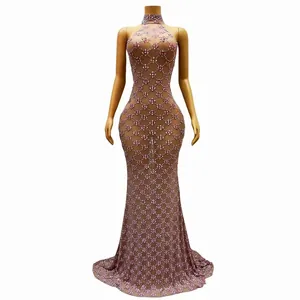 Abito da Sera con Strass al Collo da Donna Rosa in Maglia Trasparente Abito Lungo per Performance Elegante Abito da Festa per Banchetto Nightclub