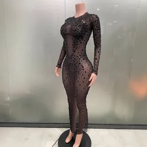 Abito lungo sexy in rete trasparente nera con strass scintillanti per night club