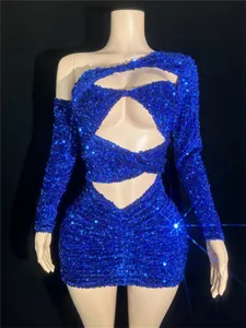 Royal blue sequined one-shoulder cutout mini dress with pleated detail on mannequin.