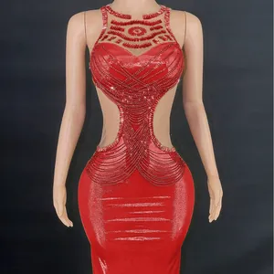 Sleeveless red cutout evening gown with sparkling rhinestones and hollow waist design