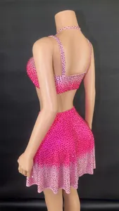 Detail view of rose red rhinestone two-piece set featuring a cropped top and flared mini skirt.