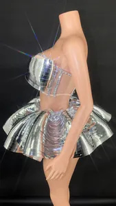 Reflective silver mirror stage costume set with structured tube top and mini skirt