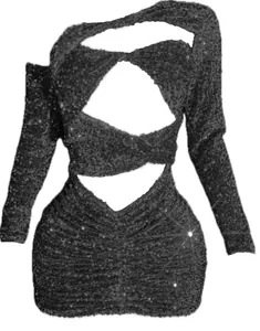 Detailed macro view of a black sequined cutout mini dress with sparkling texture
