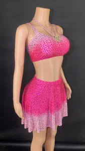 Stunning rose red rhinestone crop top and matching mini skirt two-piece set detail view