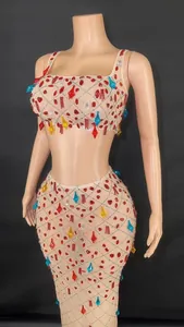 Glamorous sexy nude mesh two-piece set adorned with colorful crystals for party wear