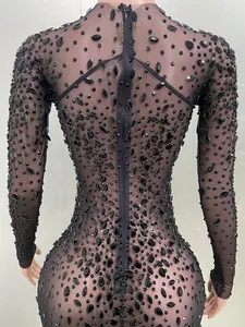 Dettaglio posteriore di un abito sexy in rete nera con strass brillanti per il palco.
