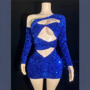 Sexy Women's One-Shoulder Sequin Mini Dress Hollow Out Bodycon Ruched Party Evening Club Short Dress Polyester Sequined Outfit