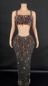 Frontal view of a sexy black mesh two-piece set featuring colorful rhinestone crystals.