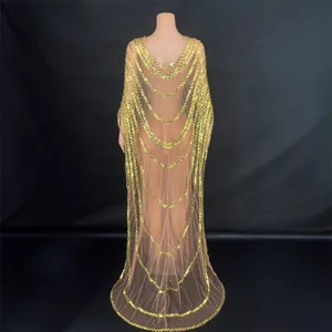 Elegant gold sequin mesh evening gown with a unique cape design for a slim silhouette