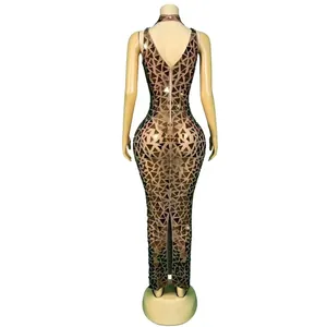 Full back view of a sexy brown geometric sequin floor-length bodycon party dress