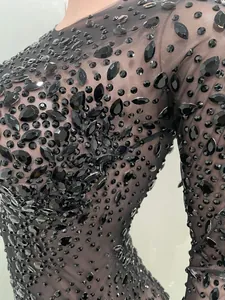 Dettaglio di strass neri scintillanti su costume da palcoscenico in rete trasparente