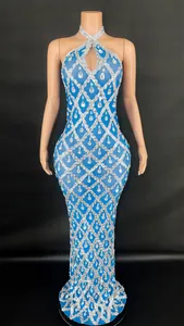 Full-length view of blue pageant dress with silver grid and crystal embellishments