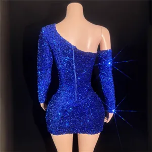 Elegant royal blue sequin one-shoulder bodycon mini dress perfect for evening parties.