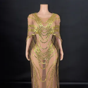 Elegant gold sequin mesh long dress featuring a stylish cape design and V-neck