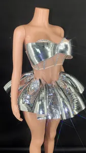 Silver mirrored tube top and mini skirt set with sparkling rhinestone details for stage