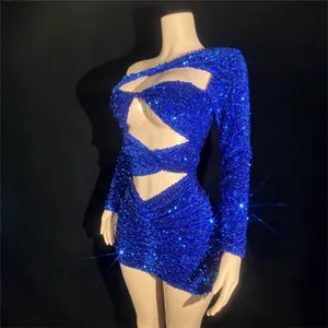Royal blue sequin off-shoulder mini dress with sexy front cut-outs and ruched details