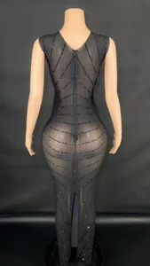 Detailed back view of a black sheer mesh gown with elegant rhinestone patterns.